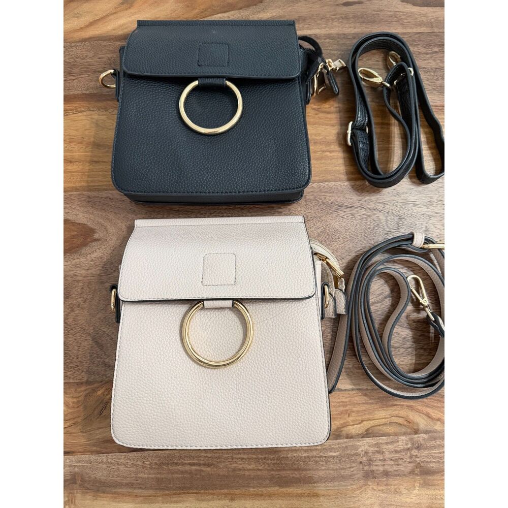 Set of 2 Crossbody Bags Black Beige Gold Ring Accent Shoulder Purse - Picture 2 of 8